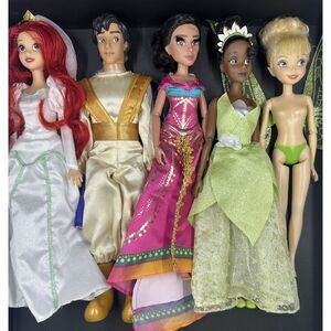 Disney Doll Lot Of Five Ariel, Prince Ali, Jasmine, Tinkerbell, And Tiana